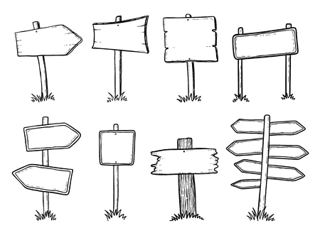 Hand drawn illustration of doodle wood road signs and arrowsのイラスト素材