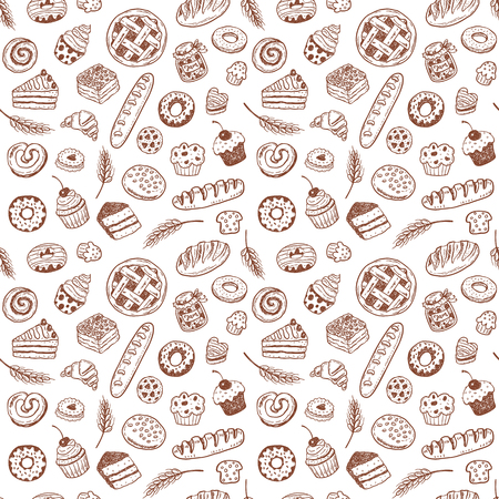 Seamless vector pattern with hand drawn doodle bakery products and pastriesのイラスト素材
