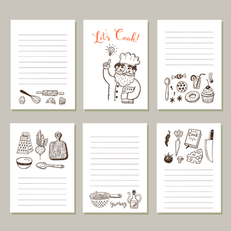 Page template set for notes or cooking recipe cards with hand drawn doodle food and kitchen design elementsのイラスト素材