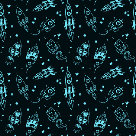 Doodle spaceship and stars pattern, Hand drawn, sketch seamless space rocket print.のイラスト素材