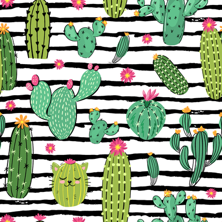 Seamless vector pattern with hand drawn vector desert cactus plants illustrationのイラスト素材