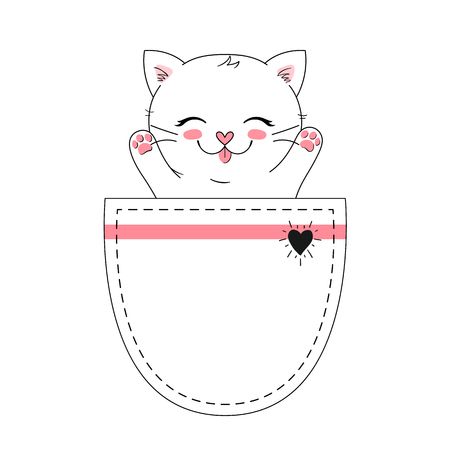Little happy cat in the pocket, adorable cute kitten simple vector illustration. Can be used for greeting card, kids t shirt design, print or posterのイラスト素材