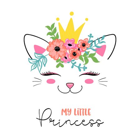 Cute cat in floral wreath and princess crown, my little princess slogan phrase, Vector illustration for print on t-shirt and other usesのイラスト素材