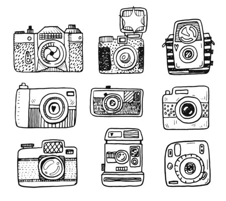 Hand drawn doodle retro photo cameras setのイラスト素材