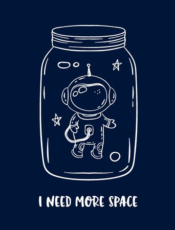 Vector illustration, print design of a glass jar with funny doodle astronaut in open space insideのイラスト素材