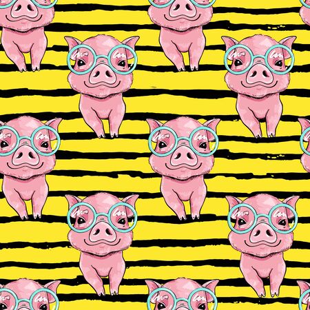 Seamless vector pattern with cute little piggy in fashionable glasses. on a yellow backgroundのイラスト素材