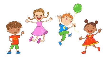 Vector Illustration Of Happy Cartoon Kids Playing and Jumping.のイラスト素材