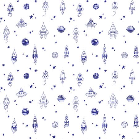 Space pattern. Doodle rockets, planets, stars. Kids print design.のイラスト素材