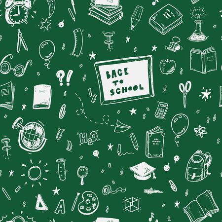 Seamless vector pattern with hand drawn back to school doodle icons setのイラスト素材
