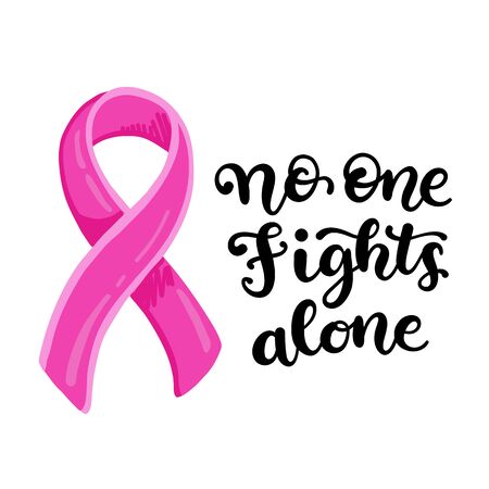 Vector illustration of pink ribbon with calligraphic phrase No one fights alone. October is Breast cancer awareness month.のイラスト素材