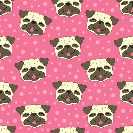 Seamless vector pattern with funny pug dog head illustration, kids fashion print designのイラスト素材