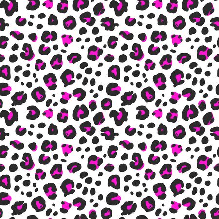 Trendy animal skin, leopard print, black with neon pink color on a abstract hand drawn background. Fashion print, background, surface pattern design.のイラスト素材