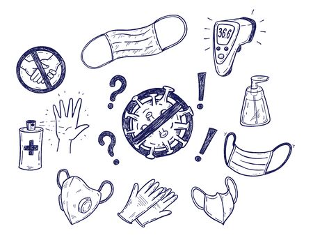 CoronaVirus Covid-19 protection vector sketch set with hand drawn face masks, gloves, antiseptic, soap etc.のイラスト素材