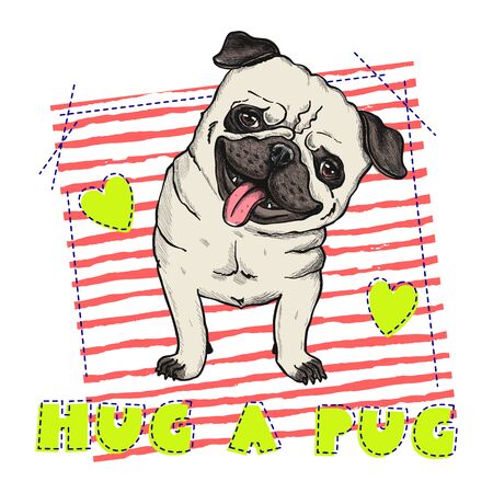 Vector illustration of a hand drawn happy fashionable pug. T shirt print design.のイラスト素材