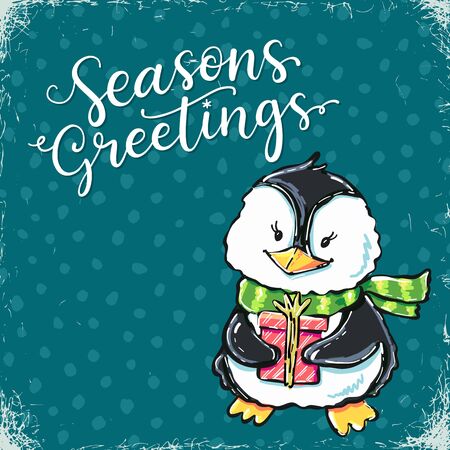 Seasons greetings card with funny cartoon penguin holding gift boxのイラスト素材