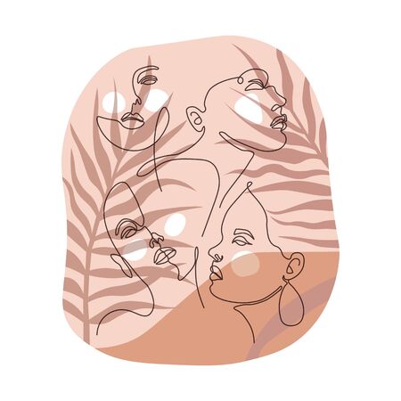 Modern abstract faces. Contemporary female silhouettes. Hand drawn outline trendy illustration. Continuous line, minimalistic concept. Pastel colorsのイラスト素材