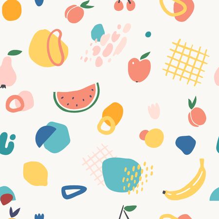 Seamless pattern with fruits and abstract shapes in modern contemporary collage style.のイラスト素材