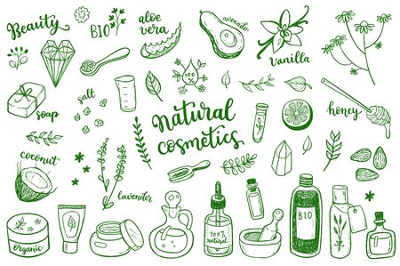 Natural cosmetic, spa and self care doodle design elements setのイラスト素材