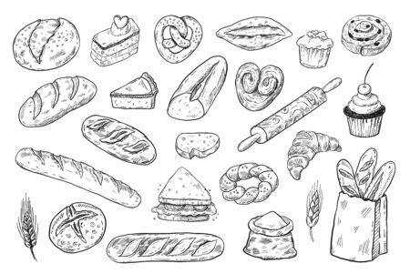 Bakery sketch set, hand drawn food illustration, doodle vector bread and pastry iconsのイラスト素材