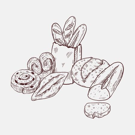 Bakery sketch set, hand drawn food illustration, doodle vector bread and pastryのイラスト素材
