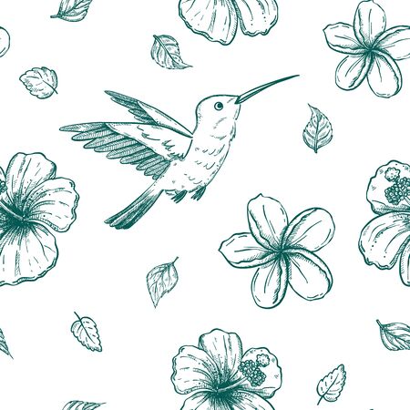 Seamless vector pannern with hand drawn hummingbirds and tropical flowersのイラスト素材