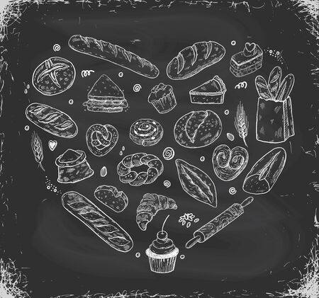 Vector illustration for bakery shops on a blackboard. Heart shape composition from hand drawn bread in sketch style. Fresh bread poster concept.のイラスト素材