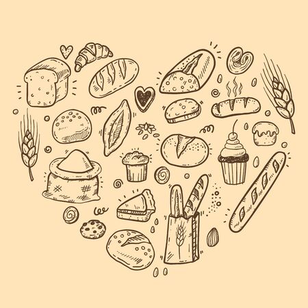 Vector illustration for bakery shops. Heart shape composition from hand drawn bread in sketch style. Fresh bread poster concept.のイラスト素材