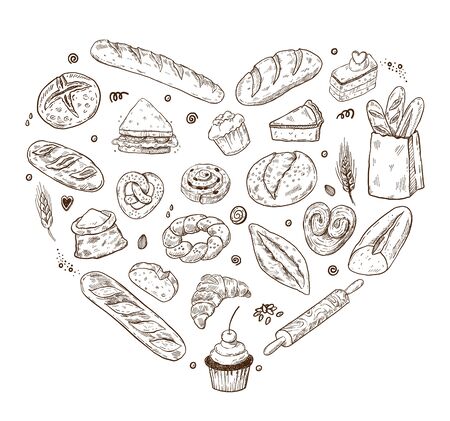Vector illustration for bakery shops. Heart shape composition from hand drawn bread in sketch style. Fresh bread poster concept.のイラスト素材