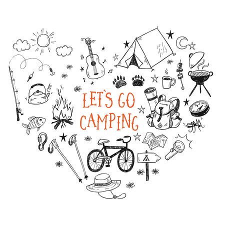 Lets go camping vector illustration with hand drawn camp doodles. Touristic equipment, live on nature concept.のイラスト素材