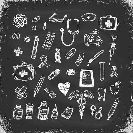 Healthcare and Medicine Vector Set. Hand Drawn Doodle Health items. Drugs and Medical Products and Devices.のイラスト素材