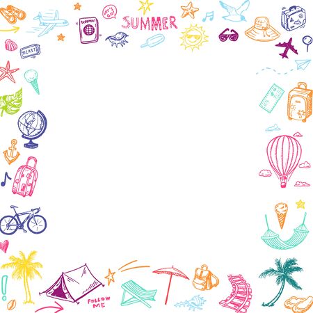 Hand drawn summer holiday, vacation elements square frame. Doodle Travel collection.のイラスト素材