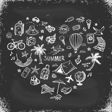 Hand drawn summer holiday, vacation icons set, Heart shape composition on a blackboard. Doodle Travel collection.のイラスト素材