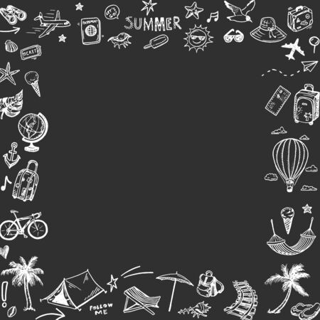 Hand drawn summer holiday, vacation icons square frame on a blackboard. Doodle Travel collection.のイラスト素材