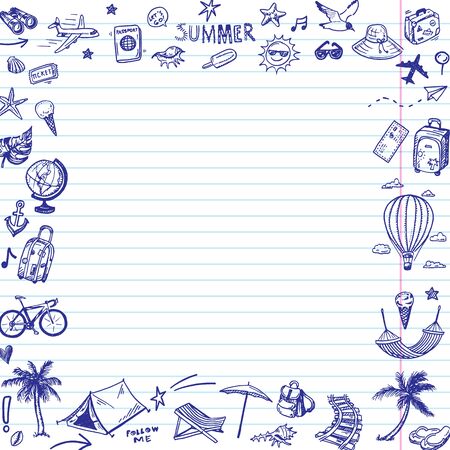 Hand drawn summer holiday, vacation icons frame. Doodle Travel collection.のイラスト素材