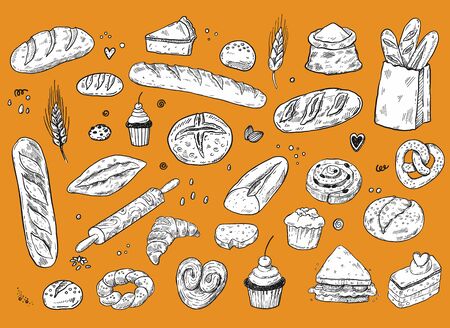 Bakery sketch set, hand drawn food illustration, doodle vector bread and pastry iconsのイラスト素材