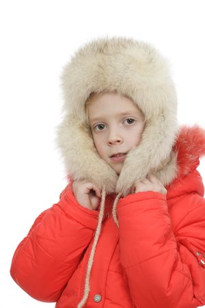 The girl in a fur cap on a white backgroundの写真素材