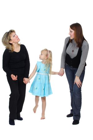 The woman,  girl and child isolated on a white backgrounの写真素材