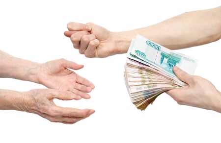 Hand with money and two hands on a white background