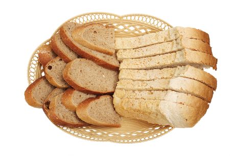 White and grey bread in a basket are isolated on a white backgroundの写真素材