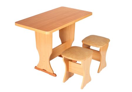 The table and stools are isolated on a white backgroundの写真素材