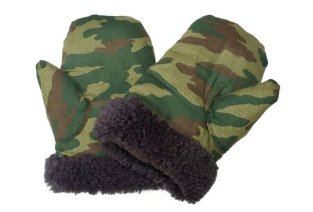 Fur mittens of camouflage color are isolated on a white backgroundの写真素材