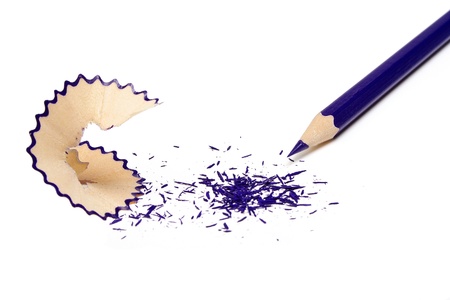 The undermined dark blue pencil and shaving isolated on a white backgroundの写真素材