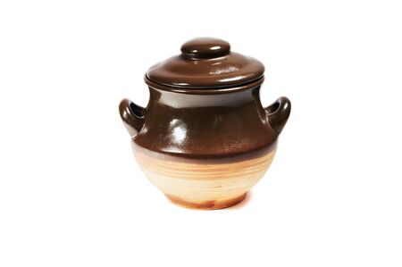 clay pot with a lid on a white background の写真素材