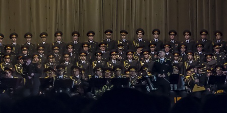 Soloists and choir singing in the Alexandrov Ensemble Concert March 6, 2013 in Moscow, in the hall of Alexandrov Ensemble のeditorial素材