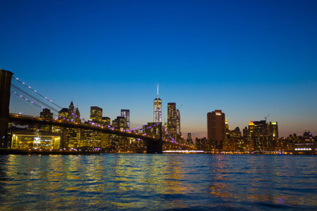 Manhattan Bridge and Manhattan skyline at night, New Yorkのeditorial素材