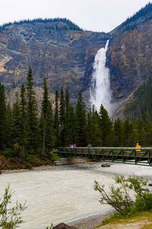 Takakkaw Falls near riverside, Yoho National Park, Canadaの写真素材