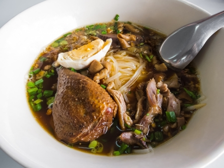 Asian cuisine, bowl of rice noodles with stewed duckの写真素材