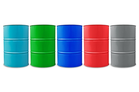 Collection of colorful metal oil barrel, isolated on white background with clipping path