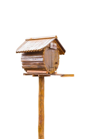 Birdhouse or homemade wooden mailbox, isolated on white backgroundの写真素材