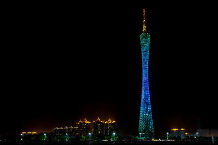 Night scene of TV tower (Canton tower) at Zhujiang river (Pearl river) waterfront in Guangzhou,...